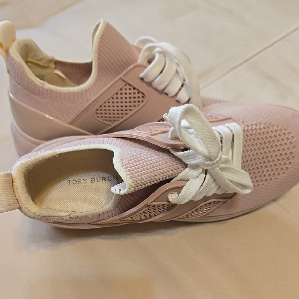 Tory Burch Pink and White Sneakers with Knit Fabric and Cushioned Heel